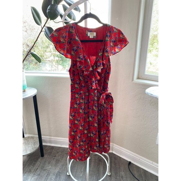 NWOT Anthropologie Rosalia Wrap Dress by Maeve Size 8 Red Ditsy Frill 6388 - Picture 5 of 16